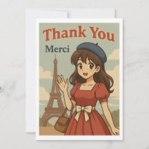 Carte de Remerciement - Fille Anime Française à Pa