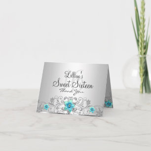 Remerciements Carte de remerciement Floral Swirl Turquoise Argen