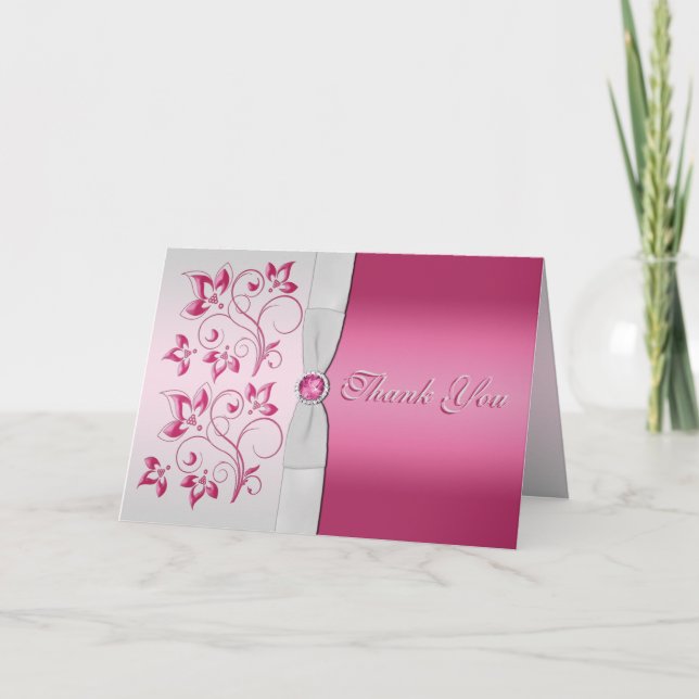 Remerciements Carte de remerciement florale argent et rose (Devant)