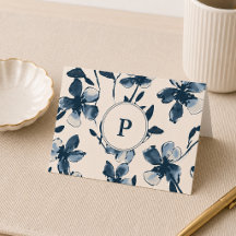 Carte de remerciement pliée Monogramme Fleurs bleu