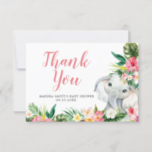 Carte de remerciement pour Baby Shower Fille Eléph