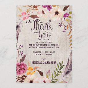 Remerciements Carte de remerciement Rustique Boho Floral pour Ba