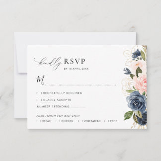 Remerciements carte de réponse de mariage florale navy et blush