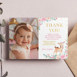 Remerciements Cute Deer Floral Anniversaire Photo Carte de remer