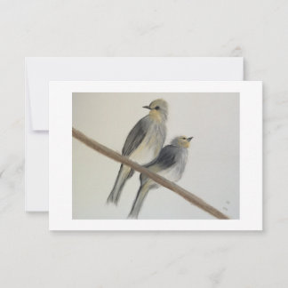 Remerciements Deux oiseaux gris jaune Carte de remerciement plat