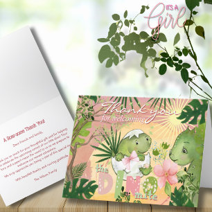 Remerciements Dino éclos avec carte de remerciement à arc rose
