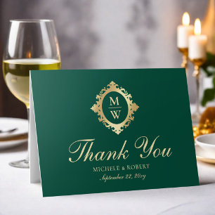 Remerciements Emerald Green Monogram Elegant Carte de remercieme