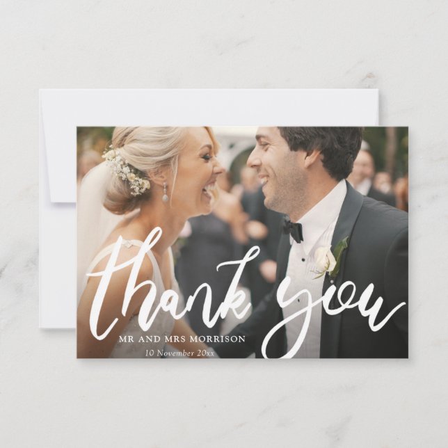 Remerciements joli script photo overlay mariage carte de remerci (Devant)