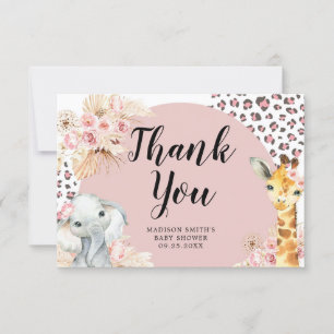 Remerciements Pink Boho Safari Party Animaux Fille Carte de reme
