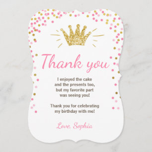 Remerciements Princesse Birthday Gold Pink de carte de