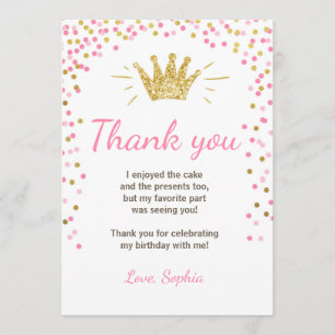 Remerciements Princesse Birthday Gold Pink de carte de