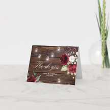 Rose rouge Mariage Bois rustique Carte de remercie