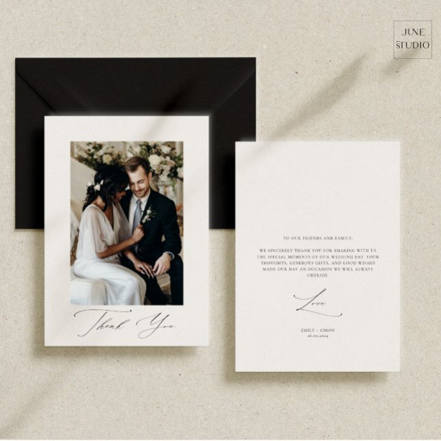 Remerciements Script moderne Elégant mariage Carte de remercieme (modern wedding photo thank you card, double side thank you card, minimalist dainty script wedding)