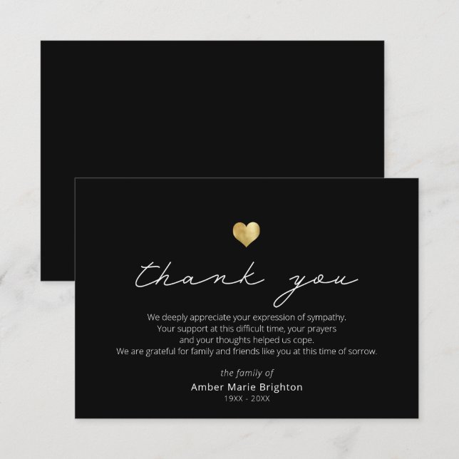 Remerciements Script moderne Gold Heart Sympathy Carte de remerc (Devant / Derrière)