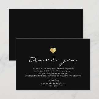 Remerciements Script moderne Gold Heart Sympathy Carte de remerc
