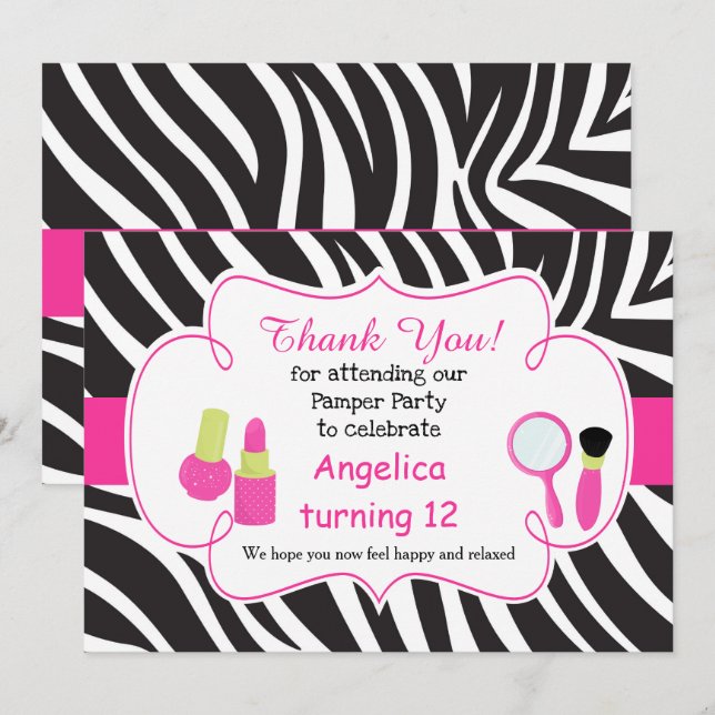 Remerciements Zebra imprimer anniversaire Pamper Party Carte de  (Devant / Derrière)