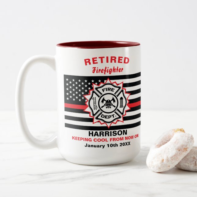 Remüde Feuerwehrmann Thin Red Line Funny Sprichwor Zweifarbige Tasse (Mit Donut)