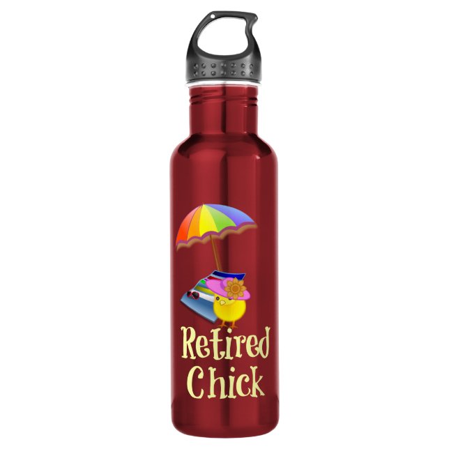 Remüde Küken, weiße Buchstaben in dunkler Farbe Trinkflasche (Vorderseite)