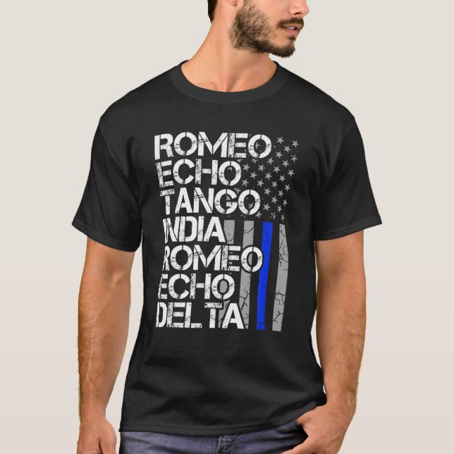 Remüde Polizeibeamte Phonetic Code Thin Blue Lin T-Shirt (Vorderseite)