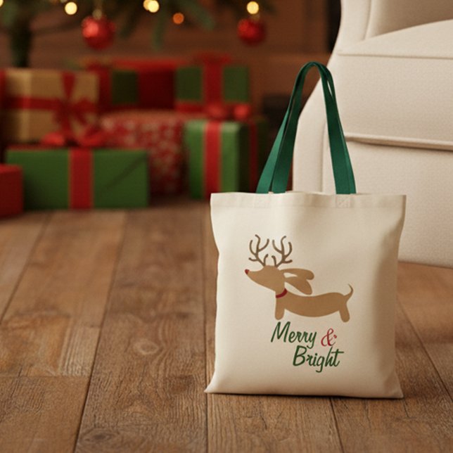 Ren-Dackel-fröhliche u. helle WeihnachtsTasche Tragetasche (Merry & Bright Dachshund Christmas tote bag for gifting)