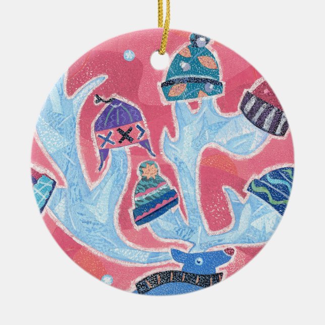Ren, das viele Hüte im Winter-Weihnachten trägt Keramik Ornament (Vorne)