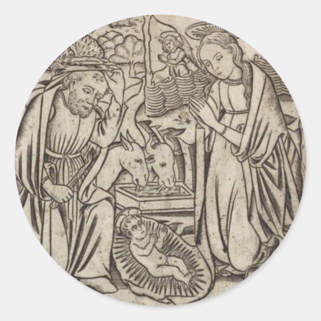 RENAISSANCE-DRUCK DER NATIVITÄTSKARTE RUNDER AUFKLEBER (Vorderseite)