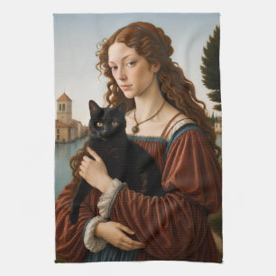 Renaissance-Frau mit einer schwarzen Katze Geschirrtuch