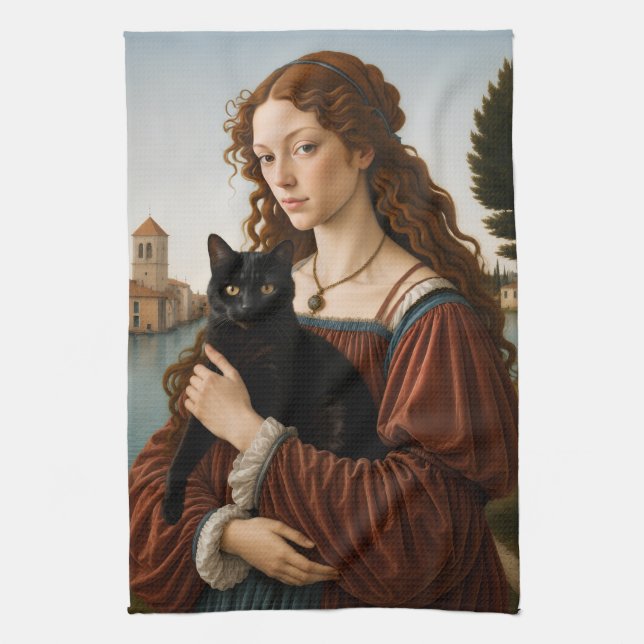 Renaissance-Frau mit einer schwarzen Katze Geschirrtuch (Vertikal)