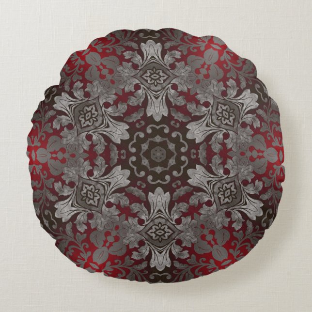 Renaissance gotische Metallmandala rot-schwarz Rundes Kissen (Vorderseite)