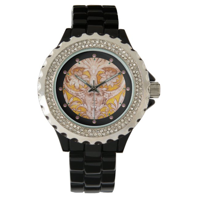 RENAISSANCE GROTESQUE GESICHT MIT GOLDWEISSEN BLUM ARMBANDUHR (Vorderseite)