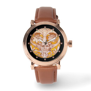 RENAISSANCE GROTESQUE GESICHT MIT GOLDWEISSEN BLUM ARMBANDUHR