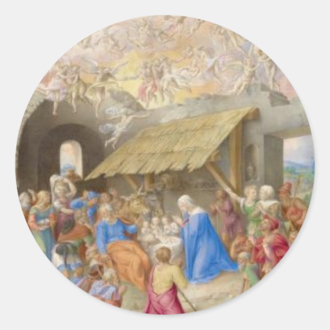 RENAISSANCE MALZIERUNG DER NATIVITÄT ALS CHRISTMAS RUNDER AUFKLEBER (Vorderseite)
