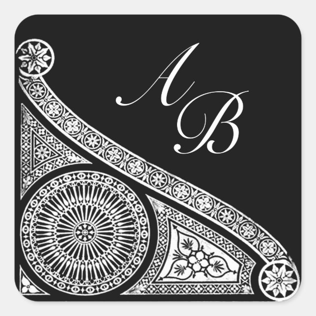 RENAISSANCE MONOGRAMM Schwarz-Weiß Quadratischer Aufkleber (Vorderseite)