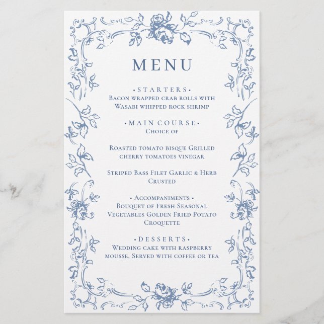Renaissance Ornat Dusty Blue Floral Menu Mariage (Devant)