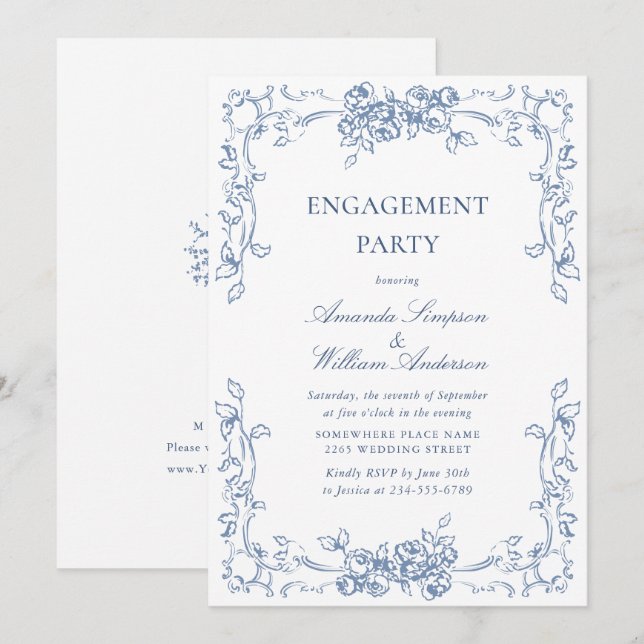 Renaissance Verziert Dusty Blue ENGAGEMENT PARTEI Einladung (Vorne/Hinten)