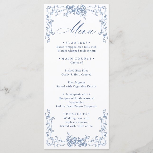 Renaissance Verziert Dusty Blue Floral Wedding Menükarte (Vorderseite)