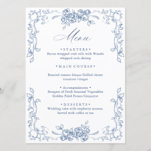 Renaissance Verziert Dusty Blue Floral Wedding Menükarte