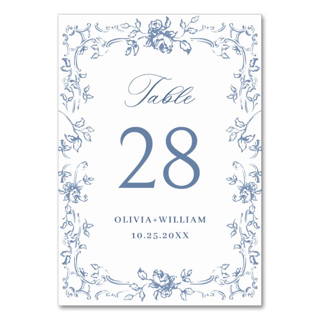Renaissance Verziert Dusty Blue Floral Wedding Tischnummer (Vorderseite)