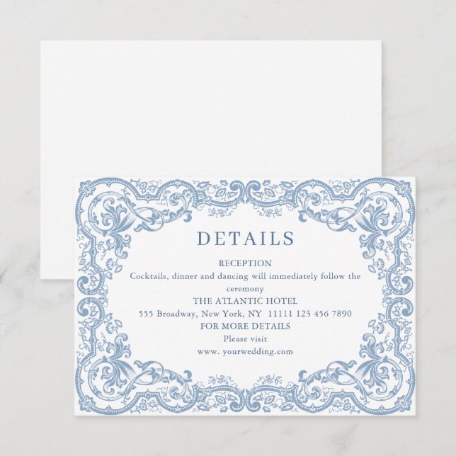 Renaissance Verziert Dusty Blue Wedding Details Begleitkarte (Vorne/Hinten)