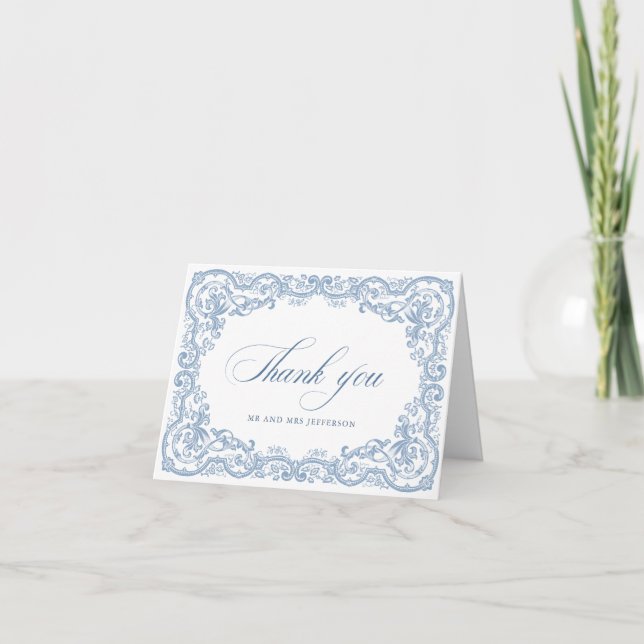 Renaissance Verziert Floral Dusty Blue Wedding Dankeskarte (Vorderseite)
