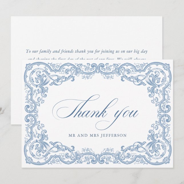 Renaissance Verziert Floral Dusty Blue Wedding Dankeskarte (Vorne/Hinten)