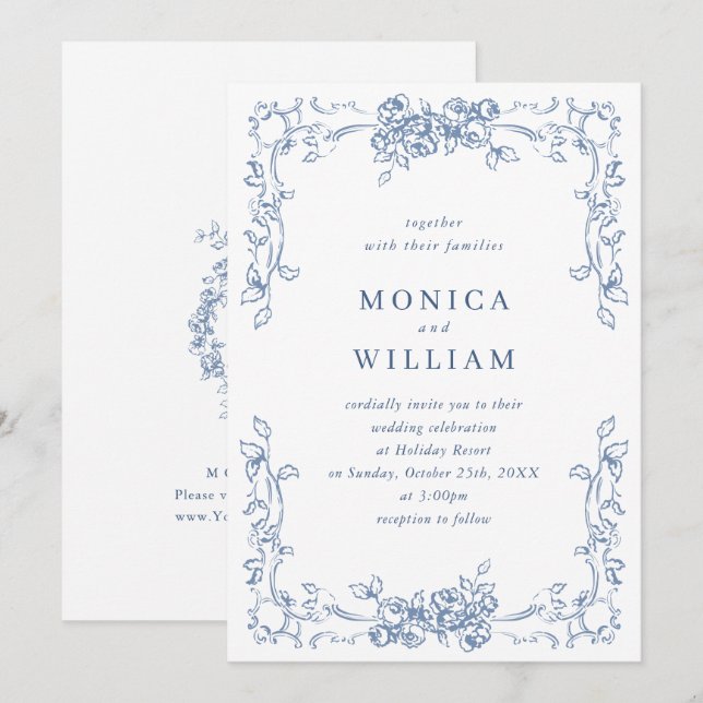 Renaissance Verziert Floral Dusty Blue Wedding Einladung (Vorne/Hinten)