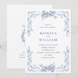 Renaissance Verziert Floral Dusty Blue Wedding Einladung