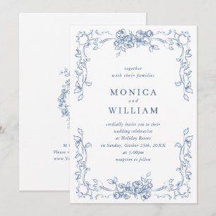 Renaissance Verziert Floral Dusty Blue Wedding Einladung