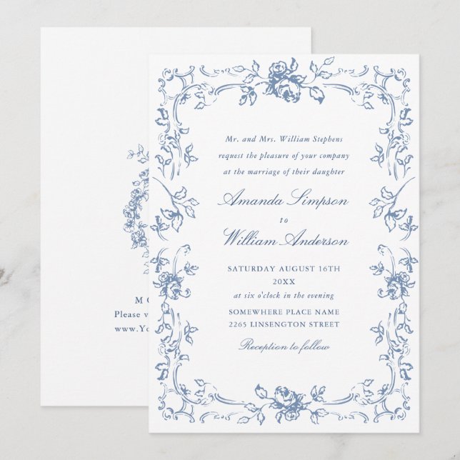 Renaissance Verziert Floral Dusty Blue Wedding Einladung (Vorne/Hinten)
