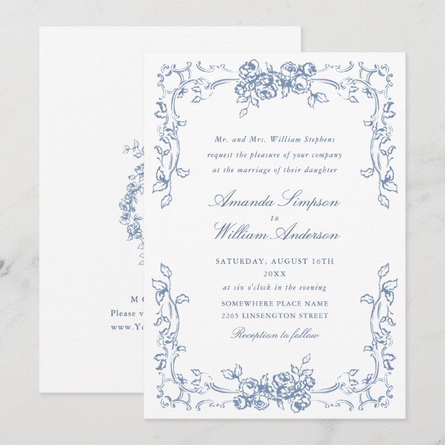 Renaissance Verziert Floral Dusty Blue Wedding Einladung (Vorne/Hinten)