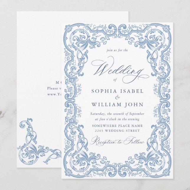 Renaissance Verziert Floral Dusty Blue Wedding Einladung (Vorne/Hinten)