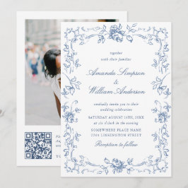 Renaissance Verziert Floral Dusty Blue Wedding Einladung