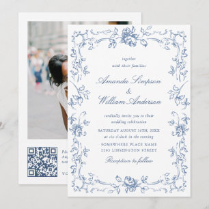 Renaissance Verziert Floral Dusty Blue Wedding Einladung
