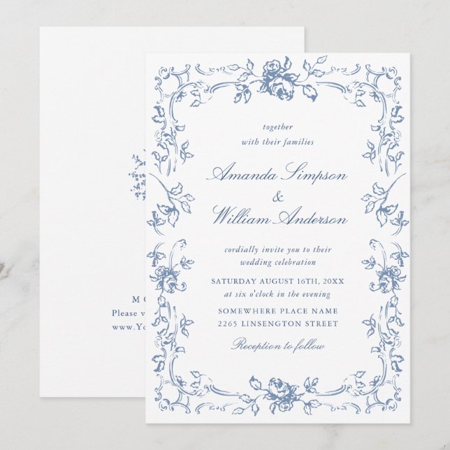 Renaissance Verziert Floral Dusty Blue Wedding Einladung (Vorne/Hinten)